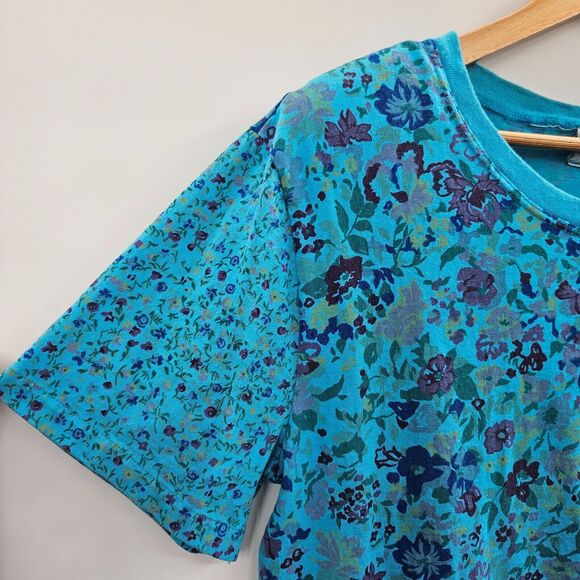 Vintage 80s/90s Blue Floral Print Pocket T-Shirt Size Large Made in USA - Picture 2 of 7